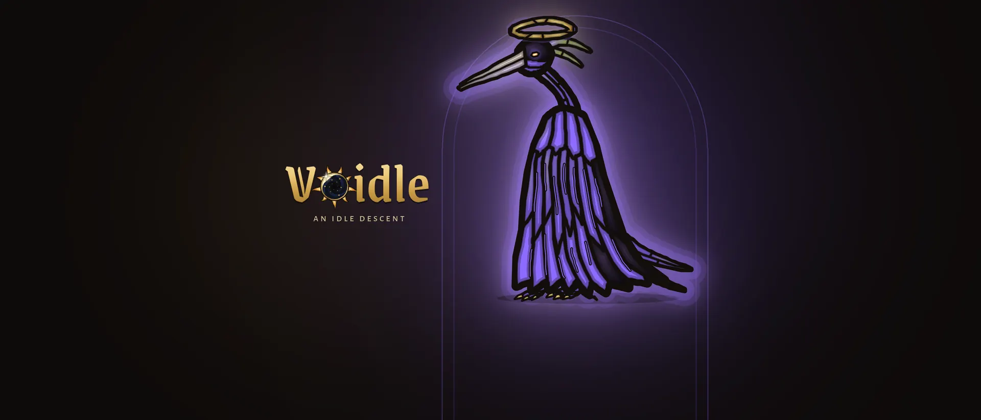 The Feather Saint, a tall inked bird in a violet stained glass robe with a gold halo, beside the gold Voidle wordmark and the line An Idle Descent.