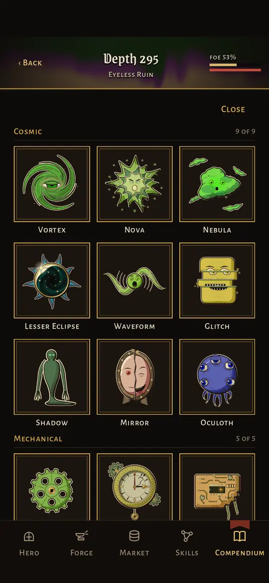 The Bestiary, Cosmic page: a grid of inked creatures including Vortex, Nova, Nebula, Lesser Eclipse, Waveform and Glitch.
