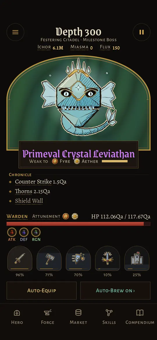 Combat at depth 300 against the Primeval Crystal Leviathan, a Milestone Boss, with the Warden's skills along the bottom.