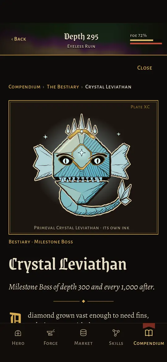 The Crystal Leviathan's plate in the Compendium: a framed inked portrait with its entry beneath.